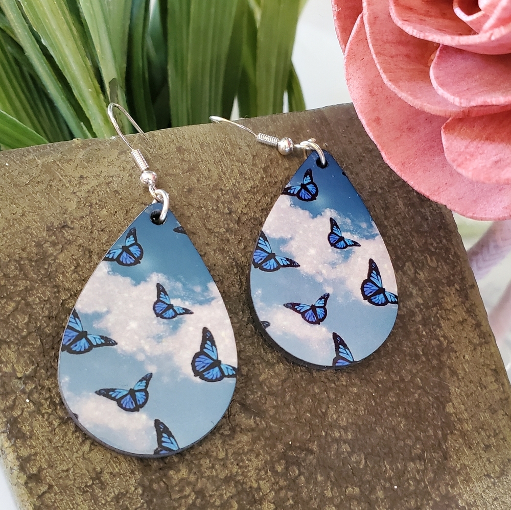 Blue Butterflies Teardrop Earrings